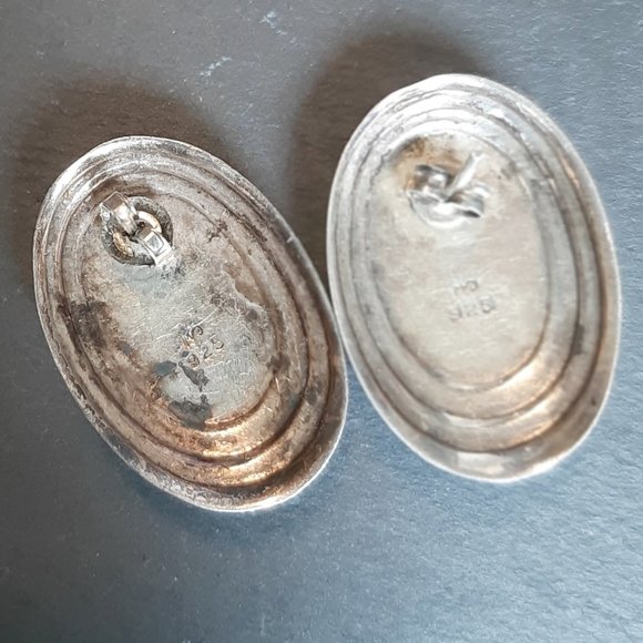 VTG 925 Sterling & Black Oval Pierced Signed Earrings Southwestern style - Picture 6 of 9